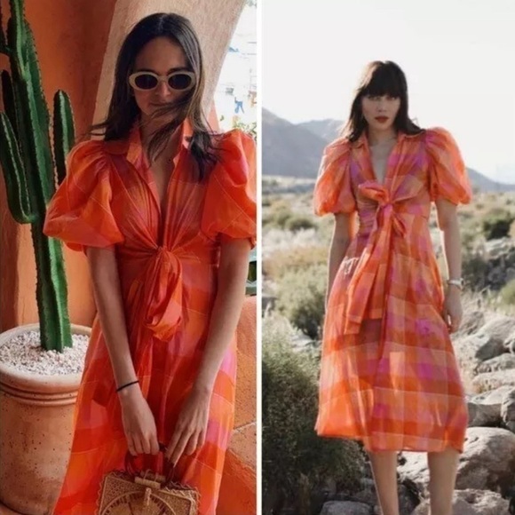Silvia Tcherassi Perth Puff Sleeve GINGHAM A-LINE MIDI DRESS ORANGE CHECK sz Med - Picture 7 of 8